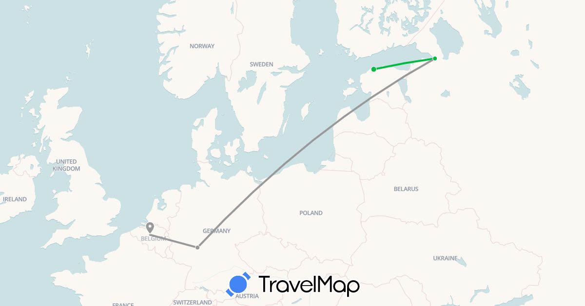 TravelMap itinerary: bus, plane in Belgium, Germany, Russia (Europe)